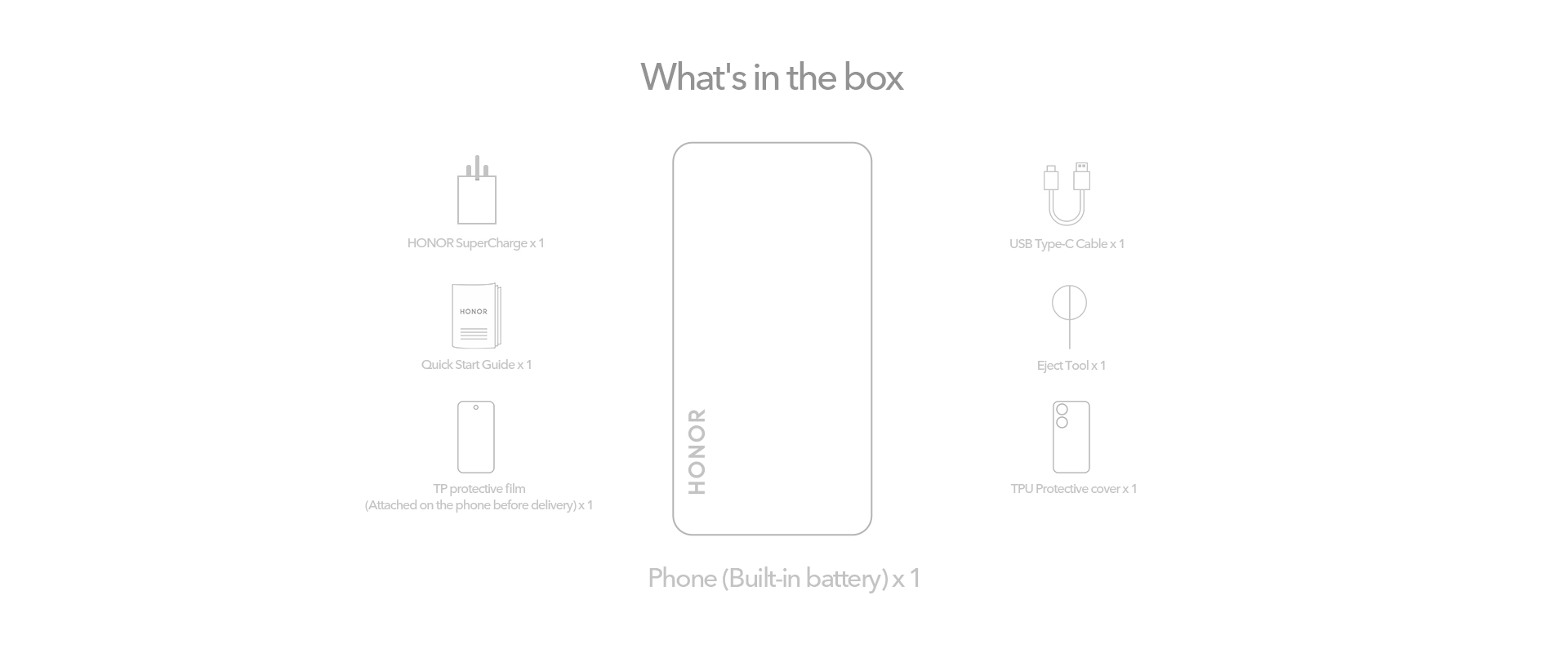 There are Phone (Built-in battery), Quick Start Guide, HONOR SuperCharge, USB Type-C Cable, Eject Tool, TPU Protective cover and TP protective film in the box. 